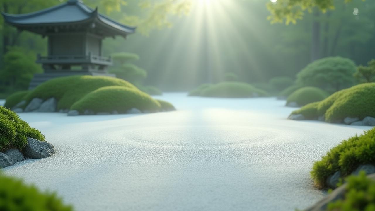 Zen garden with a carefully raked enso circle, representing completeness and the void in Japanese aesthetics.