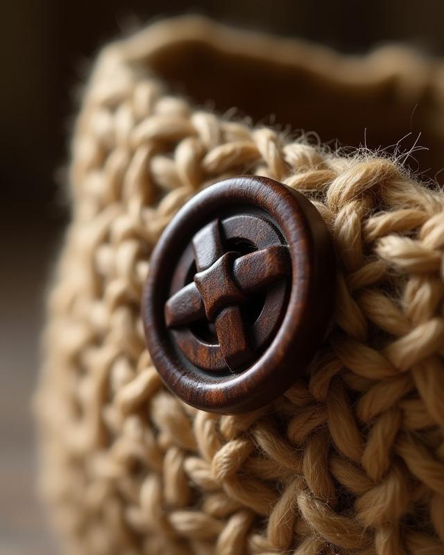 手編みの麻バッグに付けられた特徴的な木製ボタンのクローズアップ