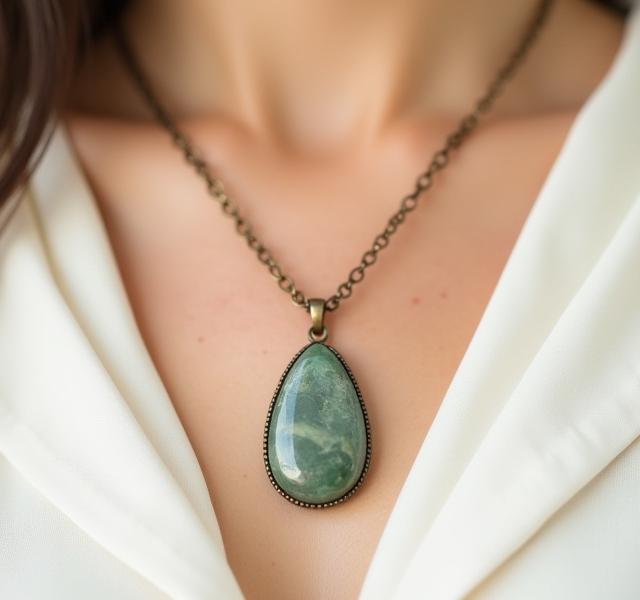 天然石のペンダントに施された精巧な真鍮製金具のネックレス
