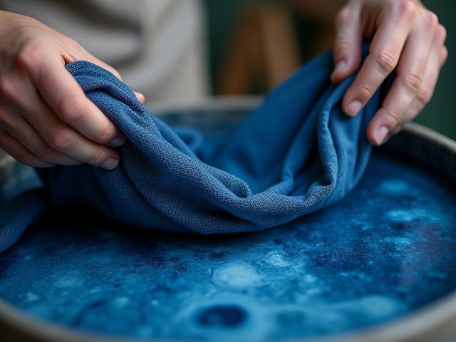 Hands submerging fabric into an indigo dye vat