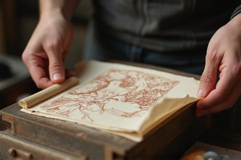 Artist pulling a woodblock print from a press onto artisan paper