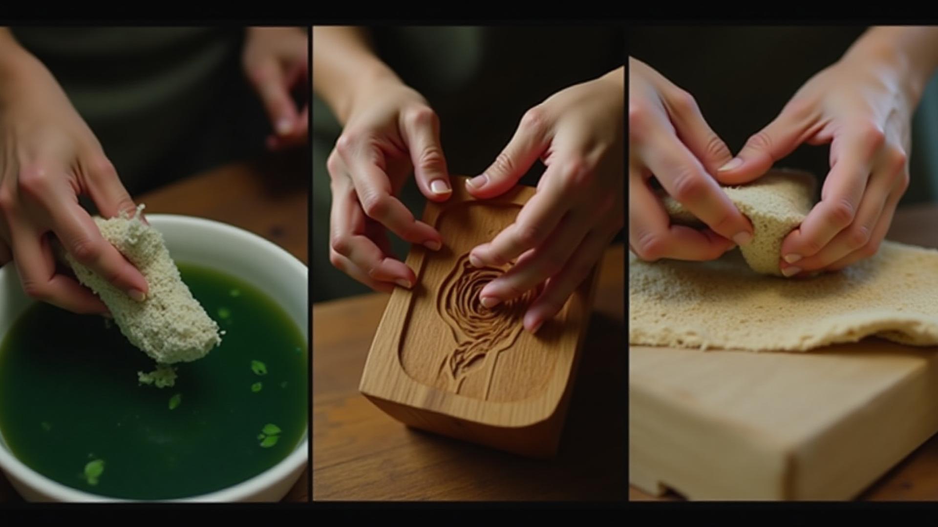 職人の手で天然染料の布地を染める様子、木材を彫刻する様子、手漉き紙を作る様子がモンタージュされた背景。日本伝統工芸の美しさと情熱を映し出す情景。