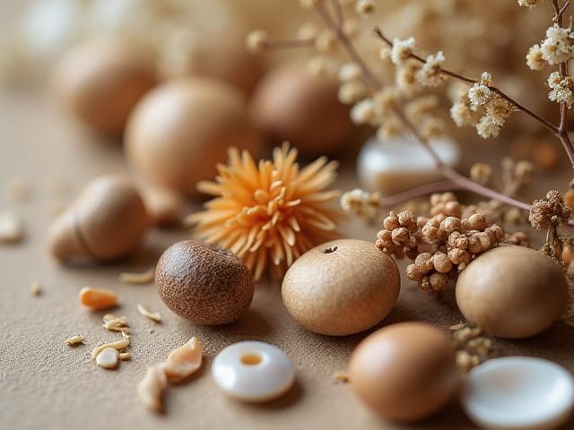 木、貝殻、ドライフラワー、ミニチュア陶器など、ユニークな手作り工芸用装飾品のクローズアップ