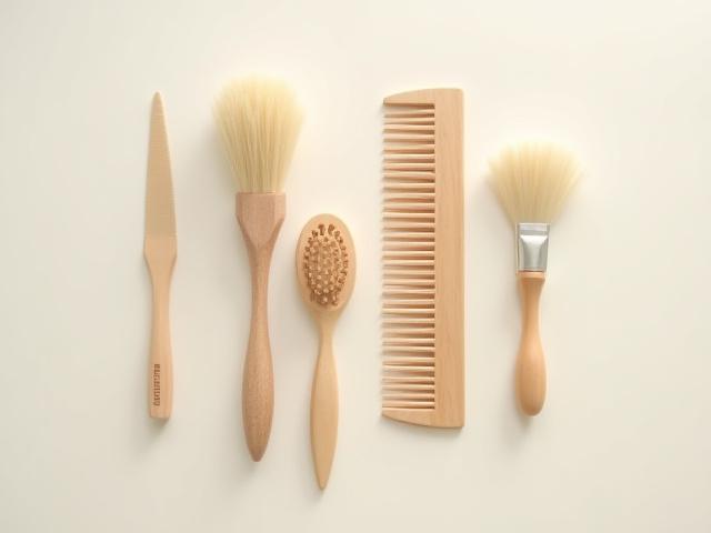 繊維アートの仕上げに使う、木製の柄のブラシとコームのセット。