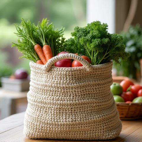 丈夫なマクラメ編みのマーケットバッグ、中に新鮮な野菜が入っている。
