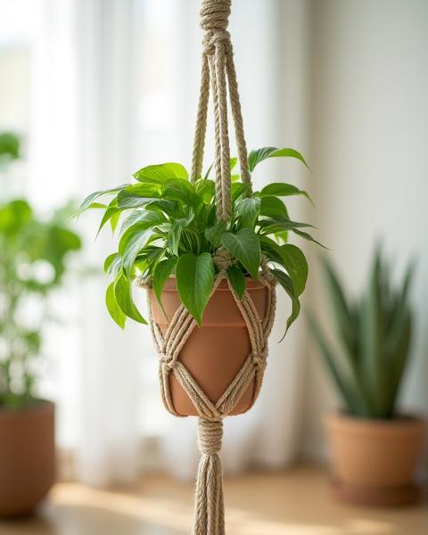 自然素材のマクラメ編みプラントハンガーに吊るされた緑の植物。