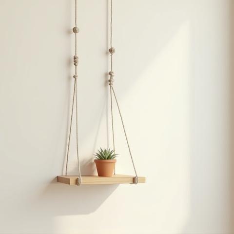 マクラメで吊るされた木製のミニ棚、小さな植物が置かれている。