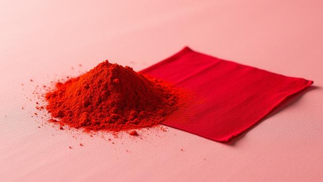 鮮やかな赤色のコチニール粉末が山になっており、その横に赤く染められた繊維