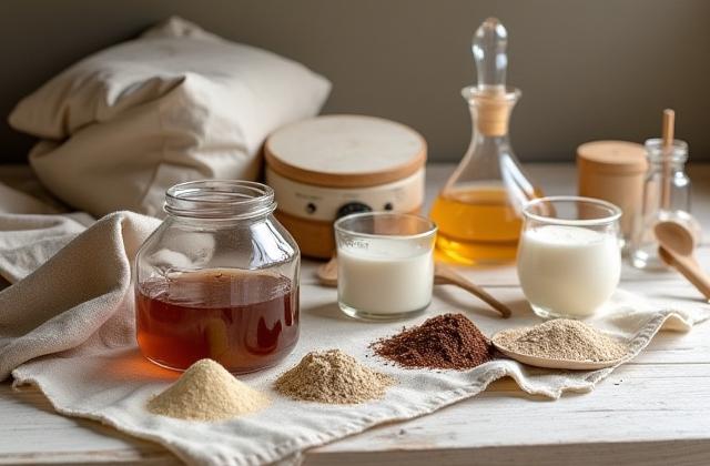 媒染剤（ミョウバン、鉄）、天然繊維の布地、様々な染色道具のコラージュ