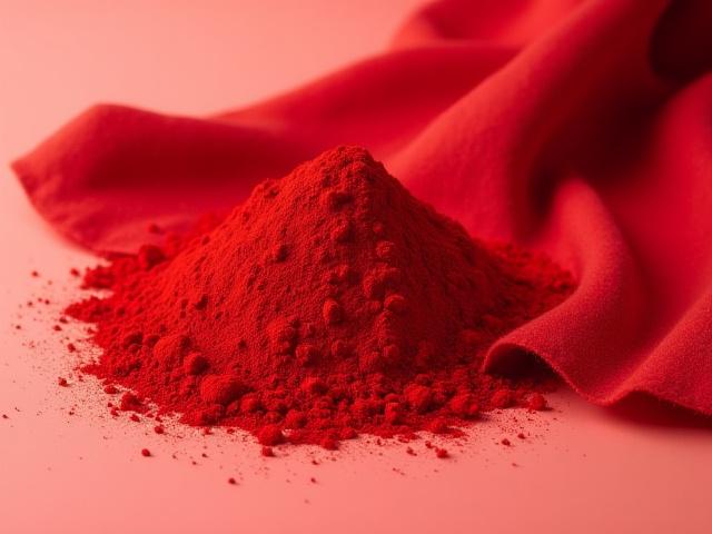 深紅色のコチニール粉末と、それを用いて染められた布のスワッチ