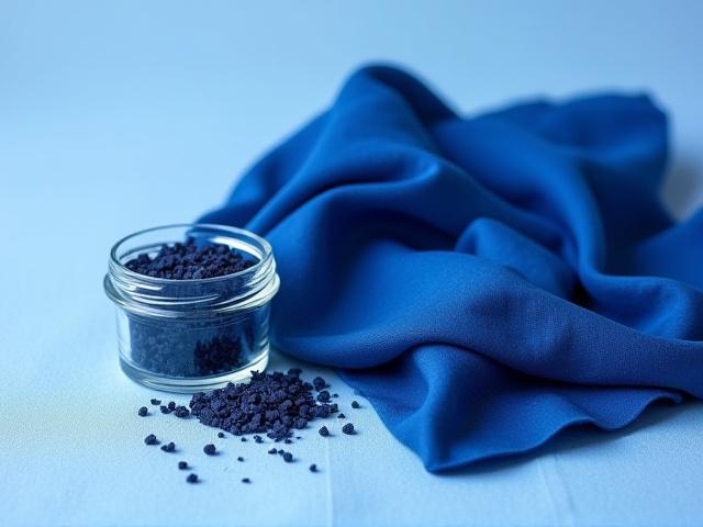 藍の染料が入った小瓶と、藍染された絹のスワッチ