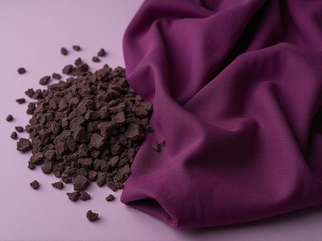 ダークパープルのログウッドチップと、ログウッドで染められたリネンのスワッチ