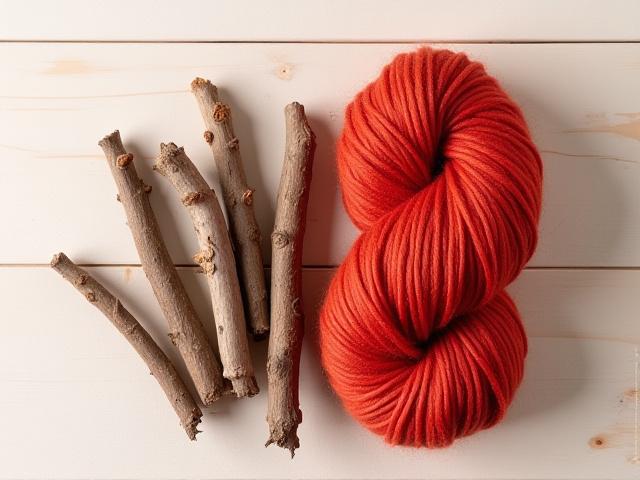 乾燥した茜の根の小枝と、茜染された羊毛のスワッチ