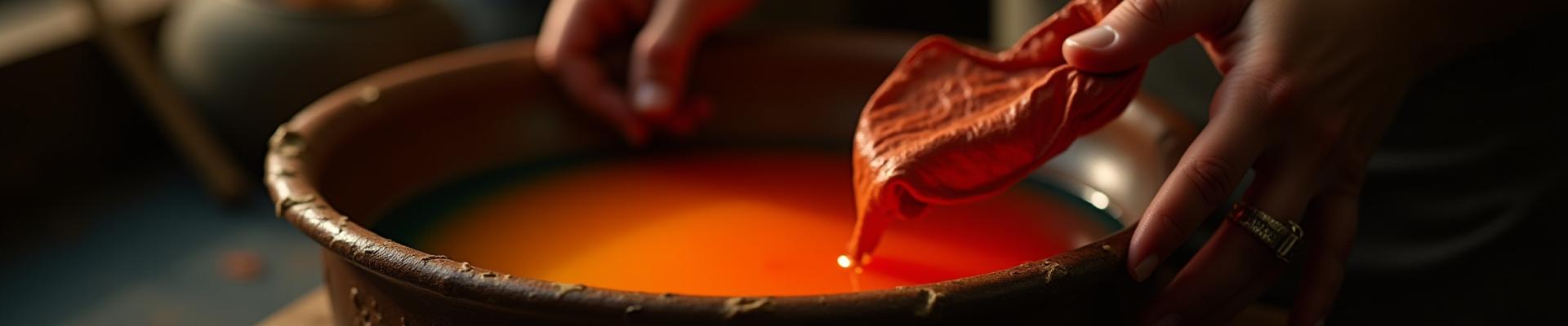 染料が浸透するPFD生地を鮮やかな天然染料の浴槽に浸す手