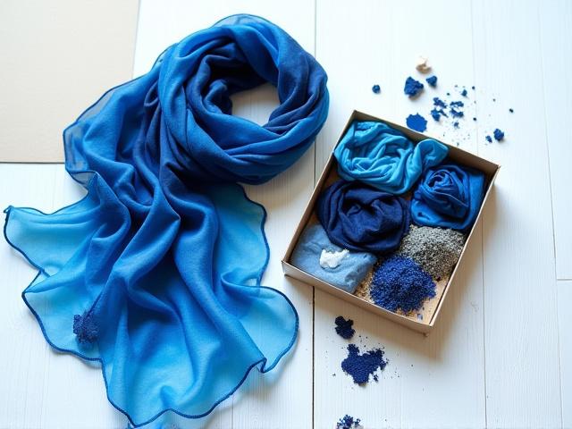 Finished blue morpho silk scarf next to dye kit contents