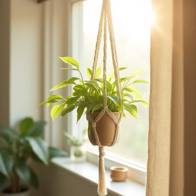 Customer's finished Kapok Tree Macrame Hanger with a plant pot