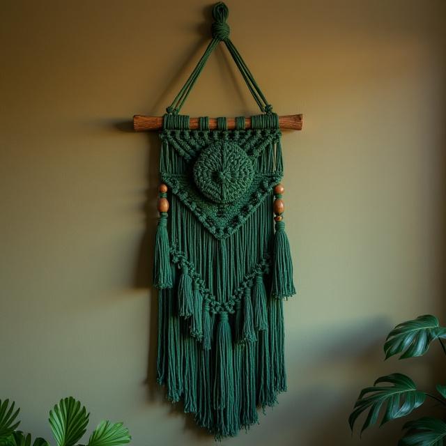 Customer's finished Quetzal Macrame Hanger hanging by a window