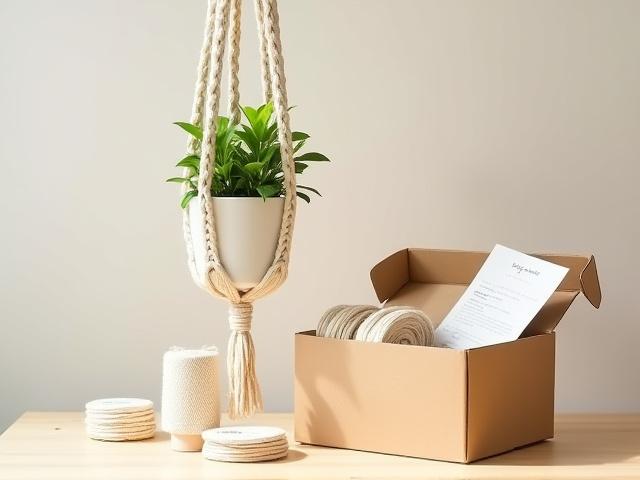 Finished kapok tree macrame hanger next to kit contents