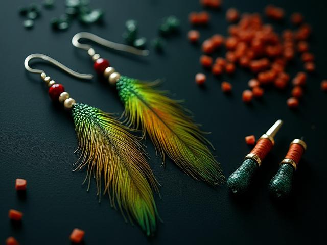 Finished quetzal feather inspired jewelry next to kit contents