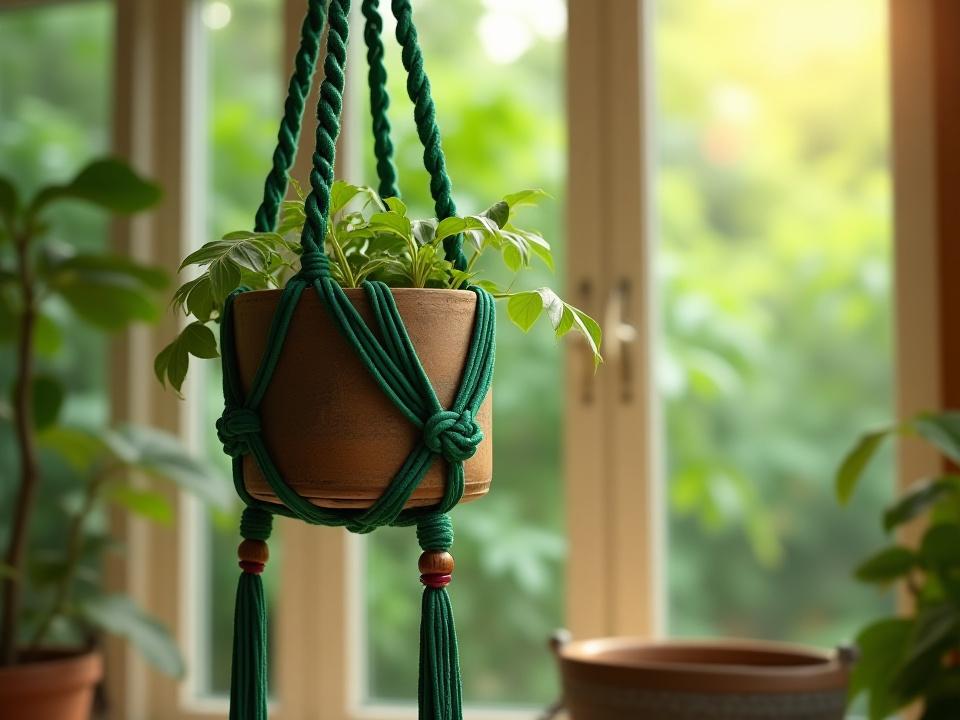 Finished Resplendent Quetzal inspired macramé hanger with vibrant green cords and carved wooden beads.