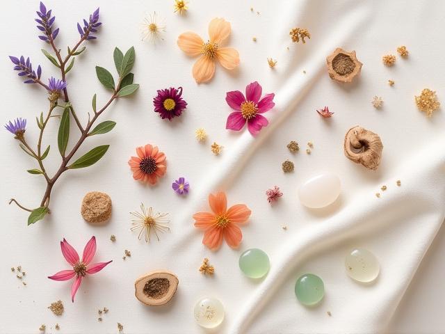 丁寧に並べられた乾燥花、木片、金箔、半貴石のクローズアップ